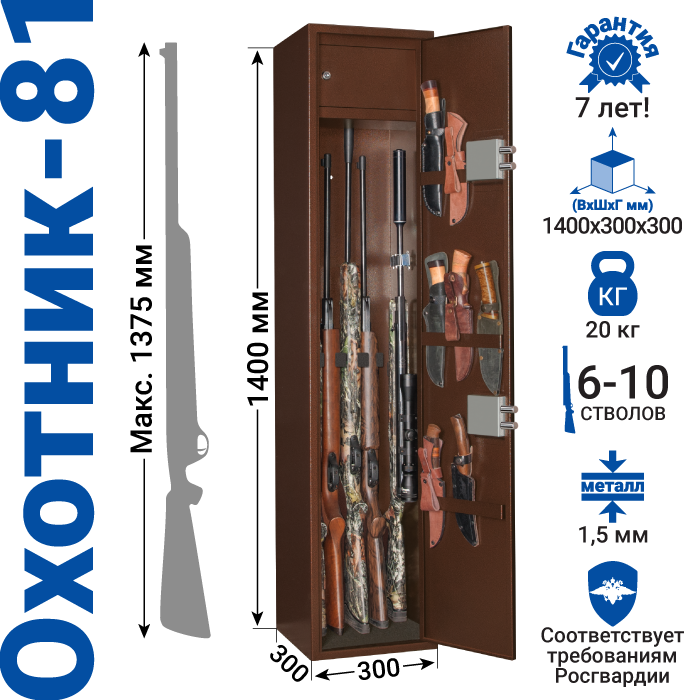 Металлический шкаф для хранения оружия Охотник-81