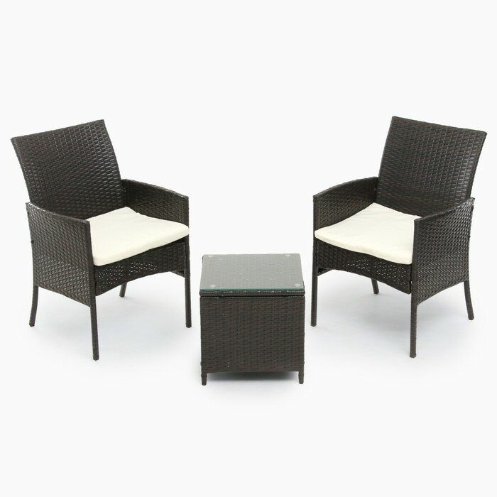 Набор садовой мебели: Стол и 2 кресла коричневого цвета с белой подушкой - фотография № 1