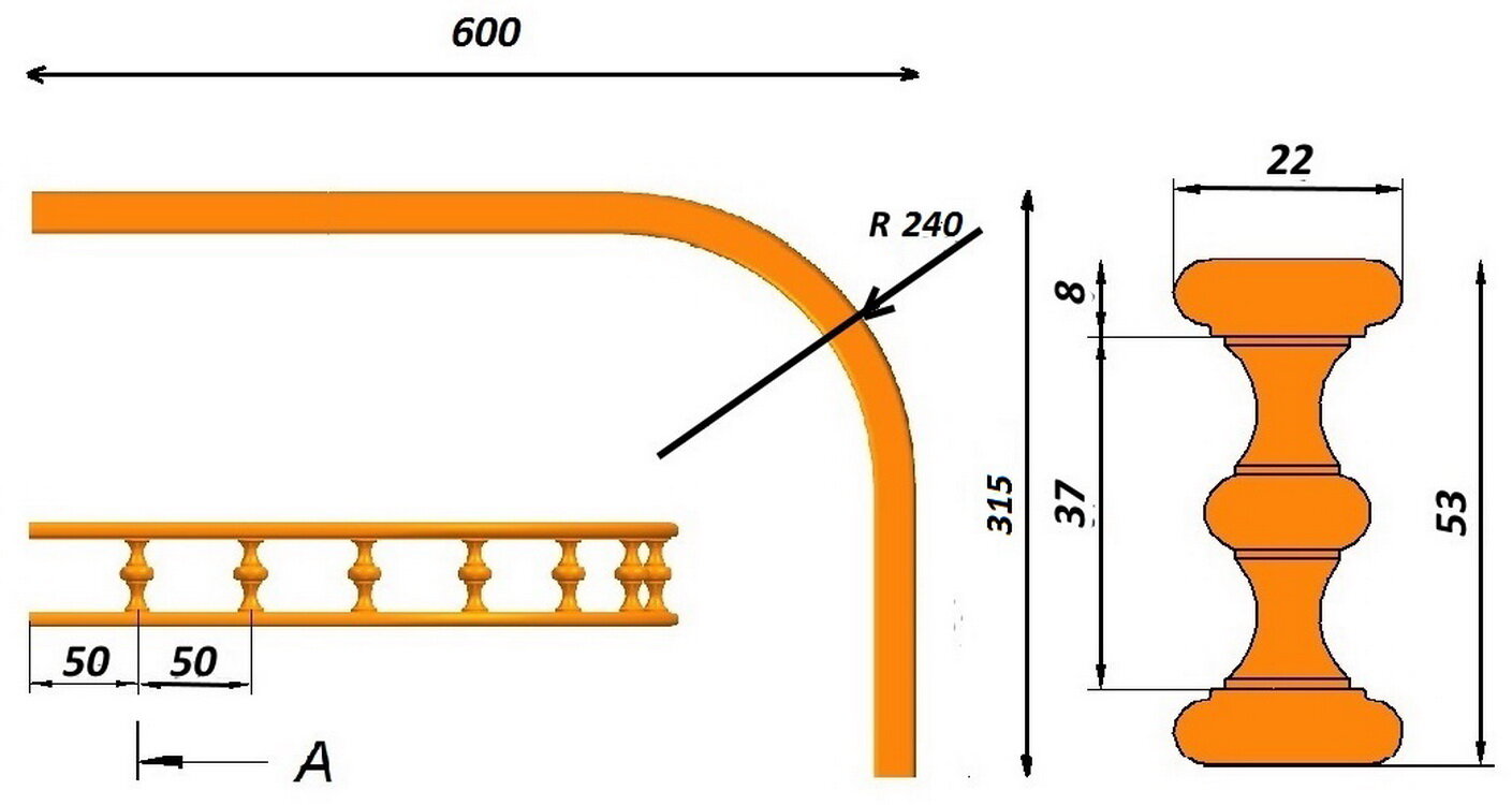 Балюстрада мебельная, угловая, из берёзы, R 240 мм (315 мм 600 мм) (балясина 37 мм). Высота изделия 53 мм. - фотография № 2