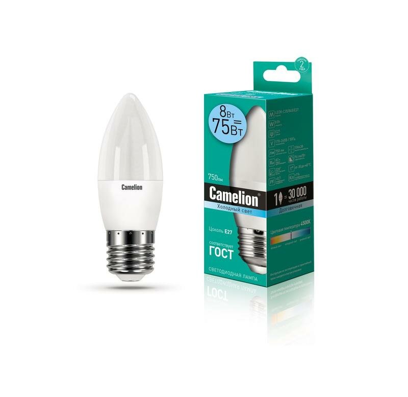 Лампа светодиодная LED8-C35/845/E27 8Вт свеча 4500К бел. E27 750лм 170-265В Camelion 12390 (7шт.в упак.)
