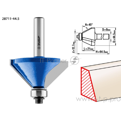 Фреза Зубр 28711-44.5 кромочная калевочная(фасочная) 9 d= 44.5мм дл.-21мм 45гр. хв.-8мм d-12.7мм 2