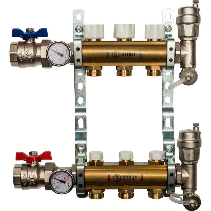Коллекторная группа из латуни без расходомеров на 3 выхода STOUT (SMB 0468 000003)