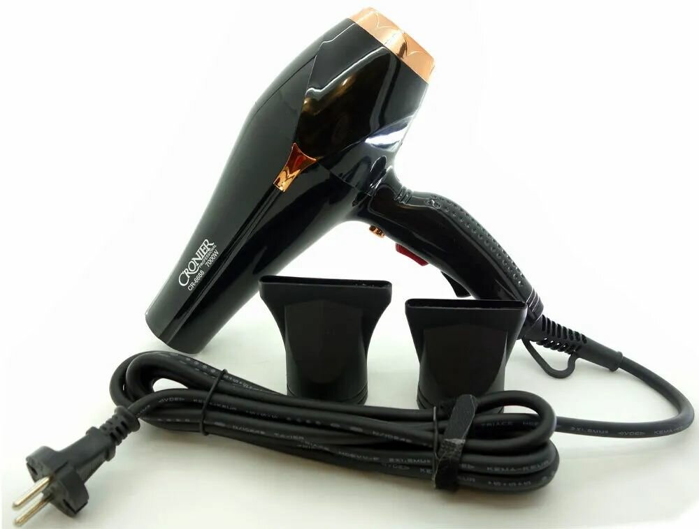 Фен для волос CRONIER CR-6688, черный, 2 насадки, 7000 Вт, режим ионизации