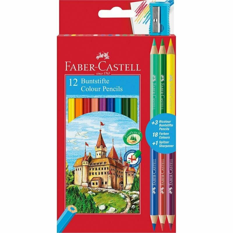 Карандаши цветные Faber-Castell Замок 12 цветов шестигранные и 6 цветов круглые с точилкой, 1412738