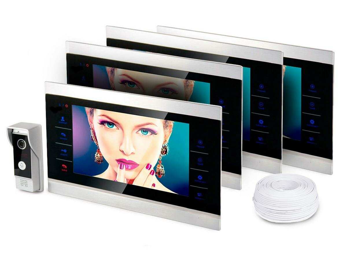 Набор: видеодомофон HDcom S-104 3 цветных монитора панель вызова. Запись видео на SD карту по движению в подарочной упаковке