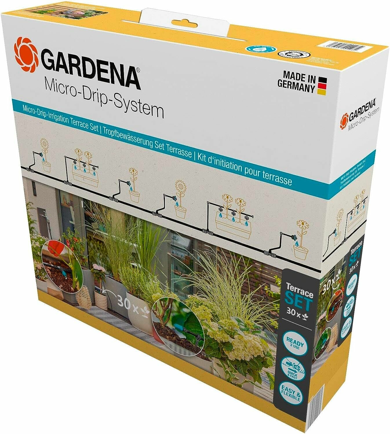 Комплект капельного полива Gardena 13400-20 Стартовый комплект микрокапельного полива для террасы на 30 растений (черный) - фотография № 1