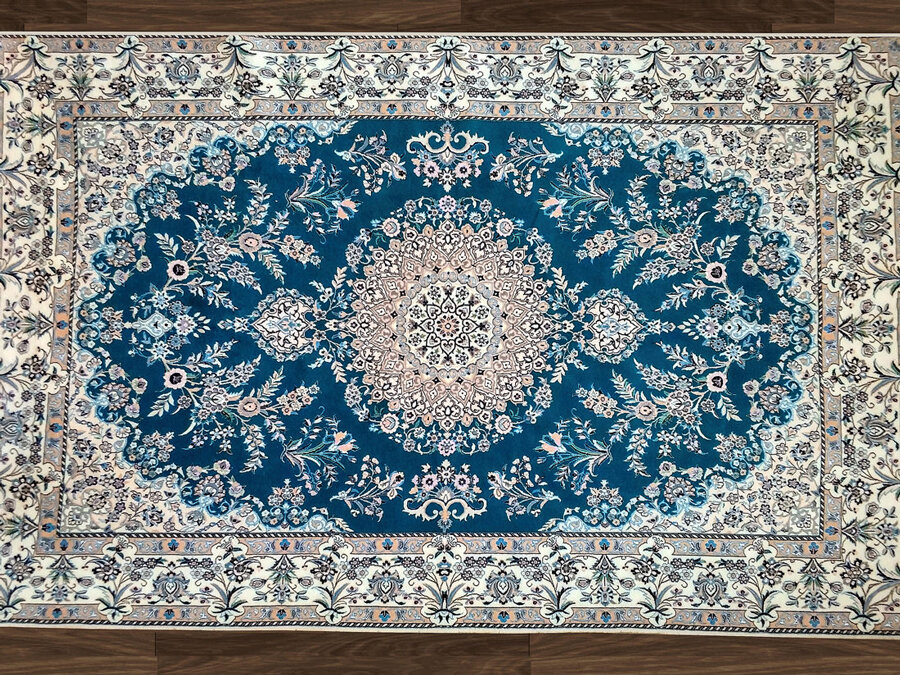 Персидский ковер ручной работы в комнату, голубой с бежевым, 2.30x1.60, Наин - фотография № 4
