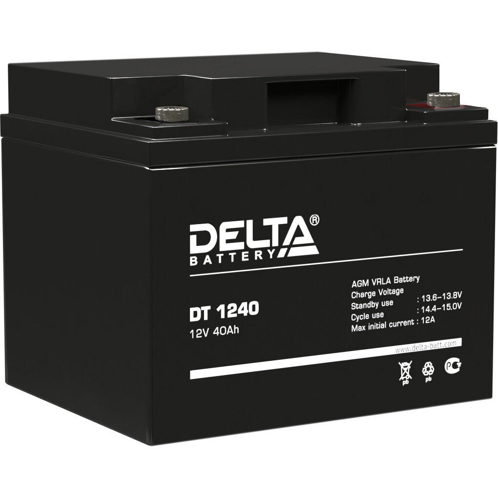 Delta DT 1240 (12V / 40Ah) Батарея DELTA серия DT DT 1240 напряжение 12В емкость 40Ач (разряд 20 часов) макс. ток разряда (5 сек.) 530А макс. ток заряда 12А свинцово-кислотная типа AGM клеммы под болт М6 ДxШxВ 196х166х173мм. вес 12.9кг. срок службы 7-10 лет. DT 1240