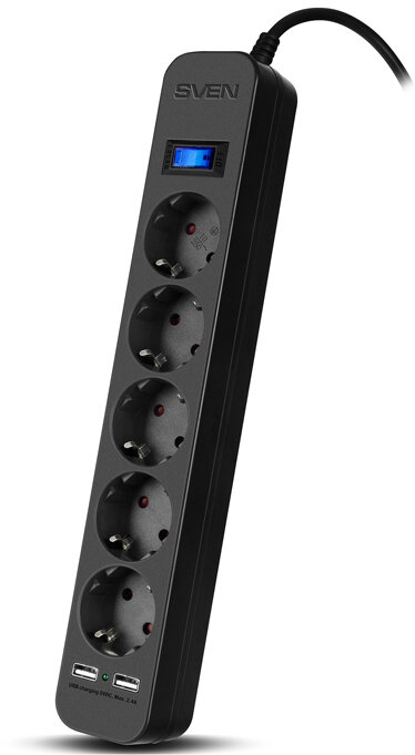 Sven Фильтр SVEN SF-05LU 1,8 м (5 евро розеток,2*USB(2,4А)) черный, цветная коробка/ Surge protector SVEN SF-05LU 1,8 м (5 евро розеток,2*USB(2,4А)) черный, цветная коробка