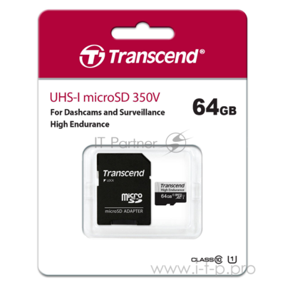 Флеш карта microSD 64GB Transcend microSDXC Class 10, Uhs-i U1, High Endurance, (SD адаптер), R/w: 1 .