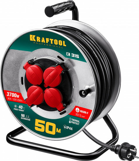 KRAFTOOL К-315 удлинитель на катушке , 50 м, 3700 Вт, 4 гнезда, IP44, КГ 3x1,5 кв мм, KRAFTOOL