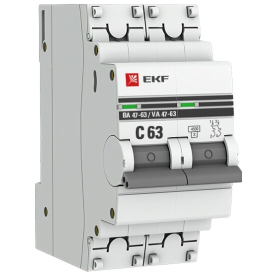 Автоматический выключатель EKF PROxima 2P 63А (C) 4,5kA ВА 47-63 (mcb4763-2-63C-pro)