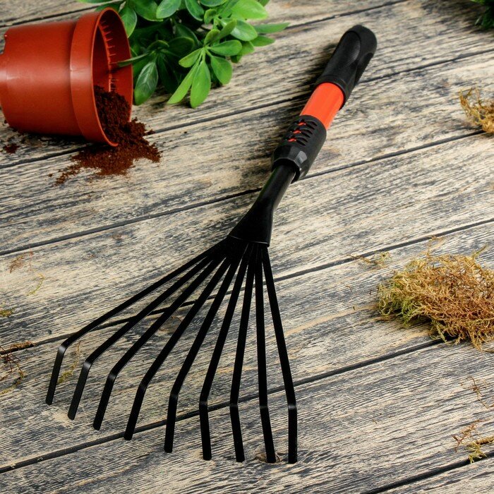 фото Грабли веерные, пластинчатые, длина 55 см, 9 зубцов, металл, пластиковая ручка