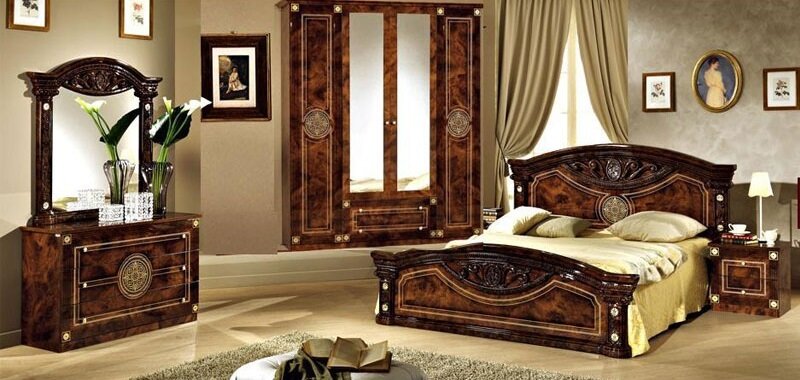 Спальный гарнитур Диа Рома цвет: орех глянец(кровать 160х200, шкаф 4дв, тумбочки 2шт, комод с зеркалом)