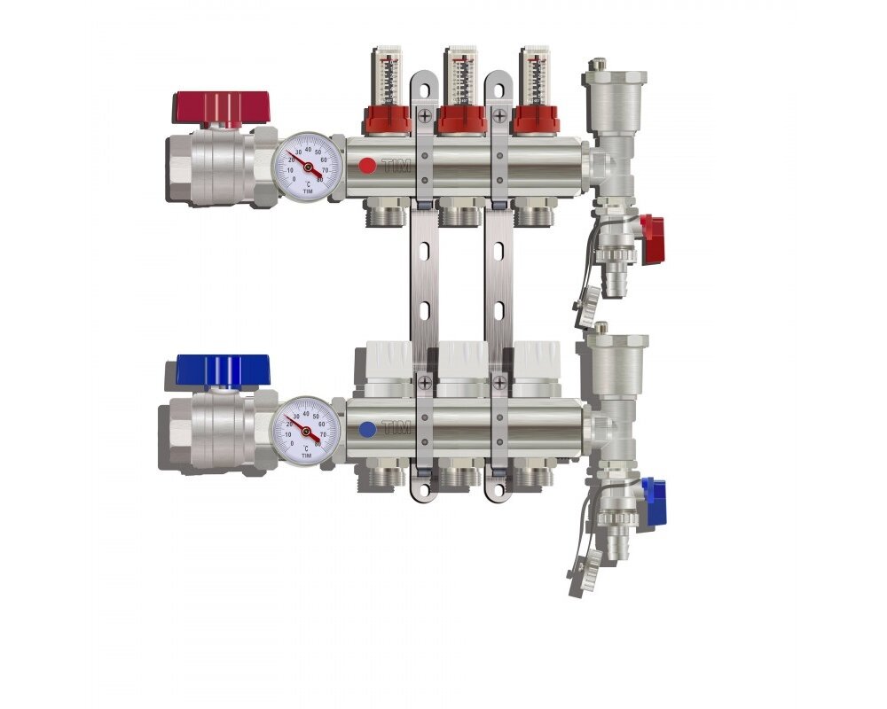 Коллектор для тёплого пола с расходомерами Tim на 3 выхода из латуни (Коллектор для тёплого пола с расходомерами)