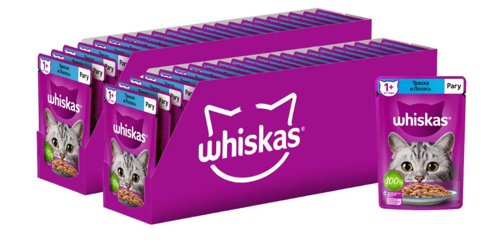 Влажный полнорационный корм Whiskas для взрослых кошек, рагу с треской и лососем, 75г. х 56шт.