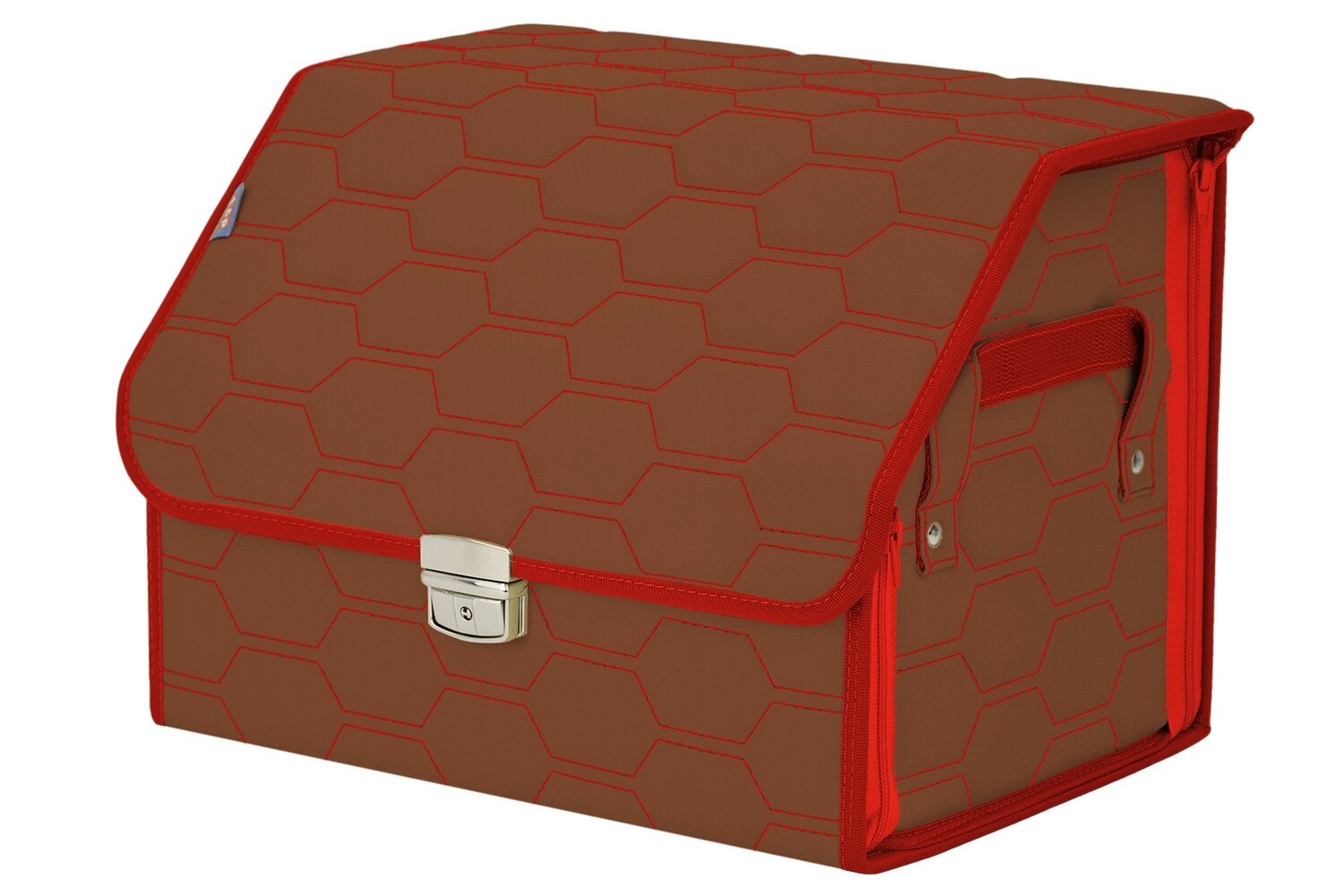 Органайзер-саквояж в багажник "Союз Премиум" (размер M). Цвет: светло-коричневый с красной прострочкой Соты.