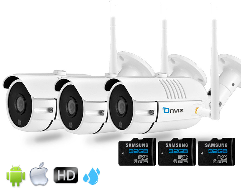 Комплект из 3-х уличных Wi-Fi камер видеонаблюдения Onviz U340 Pro беспроводных / набор IP камер / наружная / скрытая / для дома / для дачи