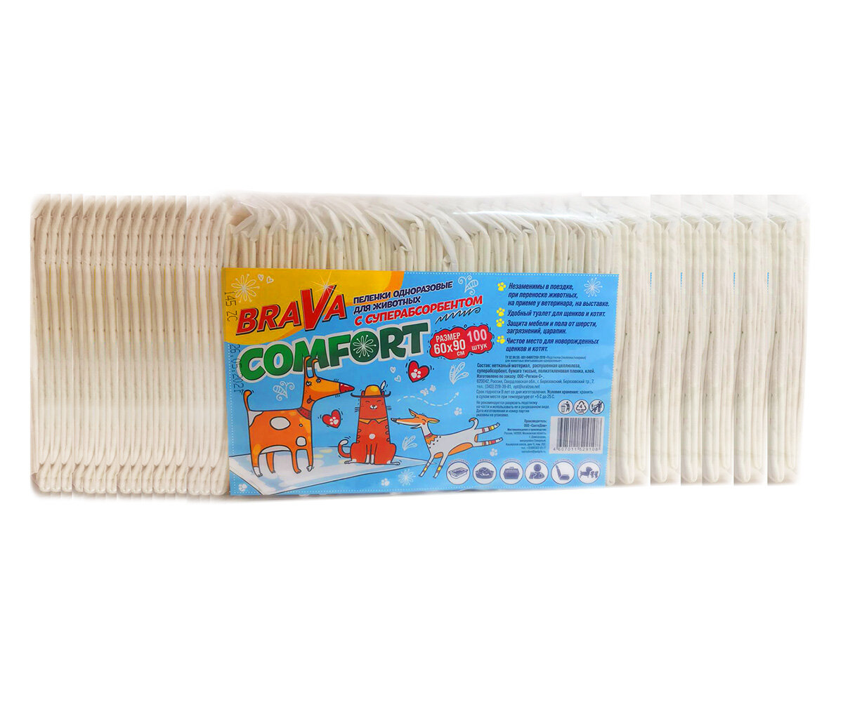 Пеленки для кошек и собак brava comfort с суперабсорбентом 60*90см 100шт