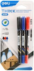 Набор перманентных маркеров Deli наконечник 0,5-1 мм, 3 шт, синий, черный, красный (CU201)