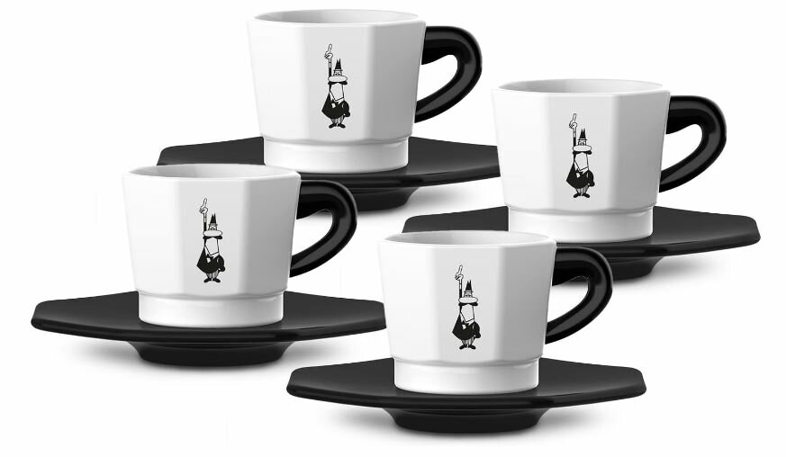 Bialetti RTATZ400 чашки для эспрессо с блюдцами, Set of 4, White/Black