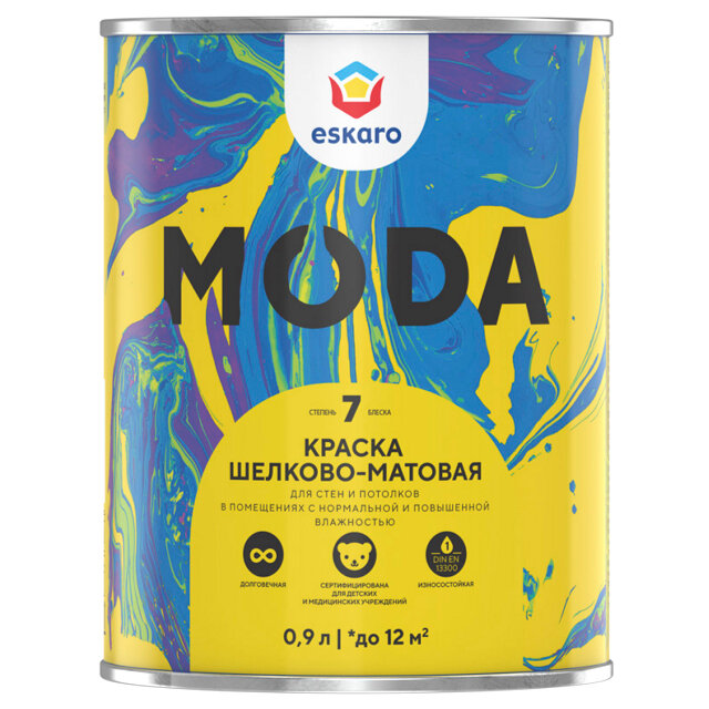 фото Краска акриловая eskaro moda 7 база а для стен и потолков 0,9л белая, арт.4630042540316