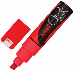 Маркер меловой UNI "Chalk", комплект 10 шт., 8 мм, красный, влагостираемый, для гладких поверхностей, PWE-8K RED