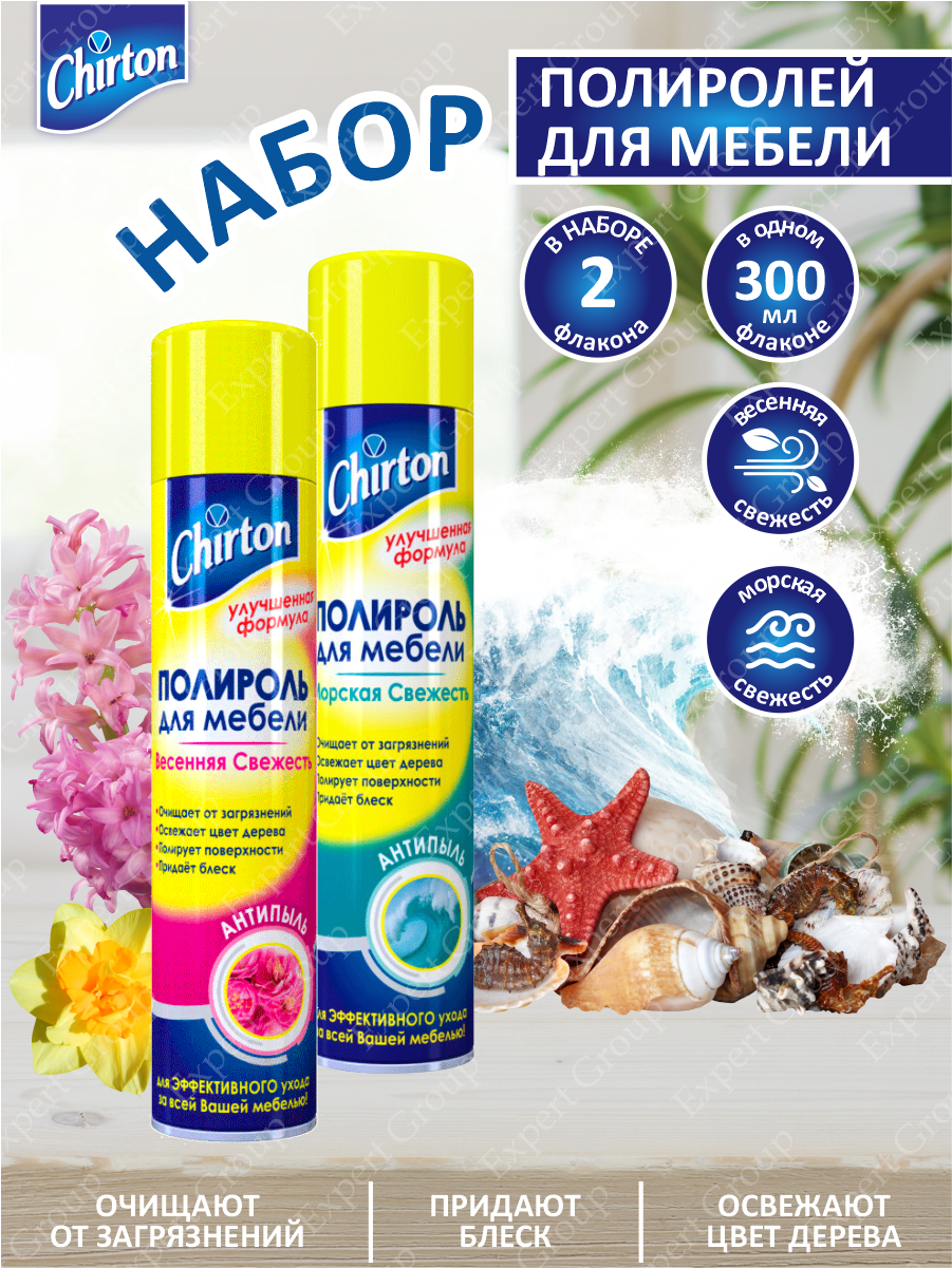 фото Набор Полиролей для мебели Chirton Антипыль Весенняя свежесть 300 мл.+Морская свежесть 300 мл.
