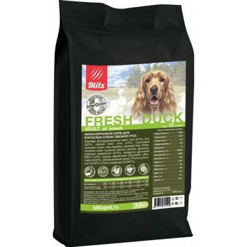 Сухой малозерновой корм для взрослых собак всех пород Blitz Holistic Fresh Duck Adult Dog All Breeds со свежей уткой 1,5 кг.