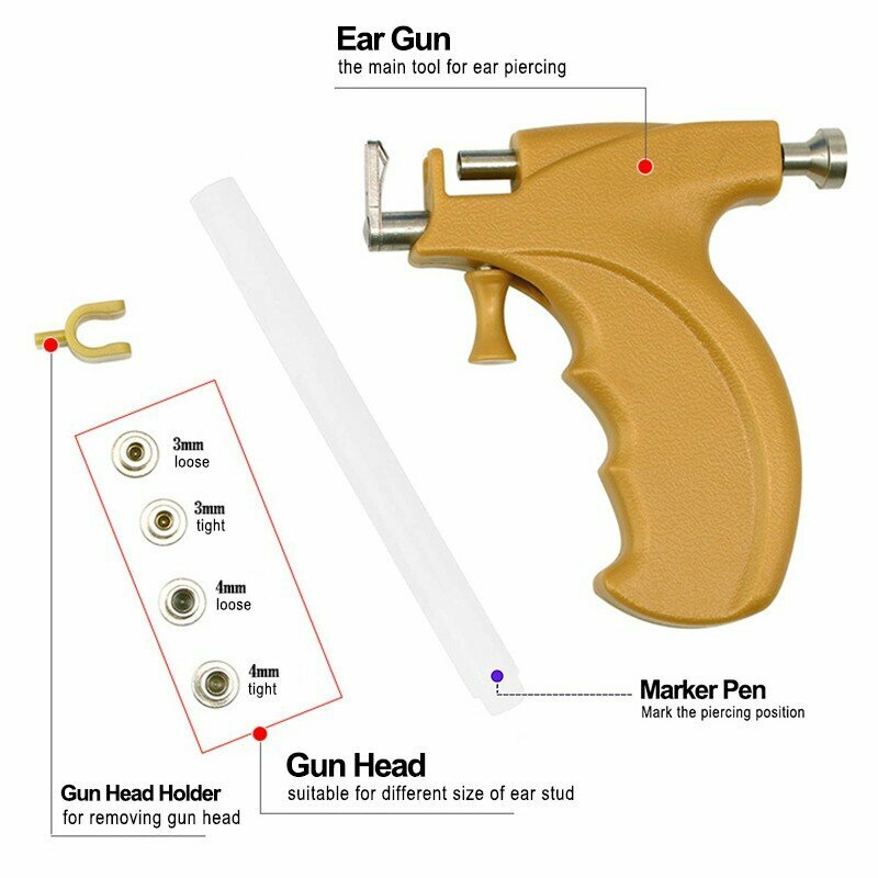 Пистолет для пирсинга и прокола ушей с насадками в коробке (Желтый)