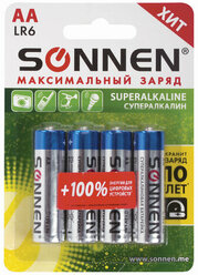 Батарейки комплект 4 шт., SONNEN Super Alkaline, АА (LR6,15А), алкалиновые, пальчиковые, блистер, 451094 6 шт.