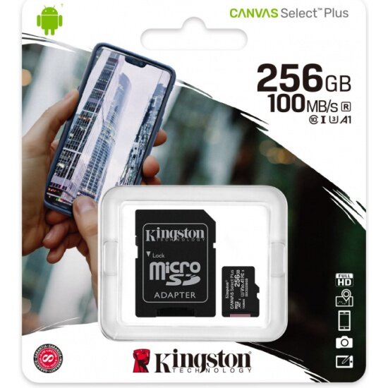 Карта памяти KINGSTON micro SDXC 256Gb Canvas Select Plus UHS-I U3 V30 A1 + ADP (100/85 Mb/s)