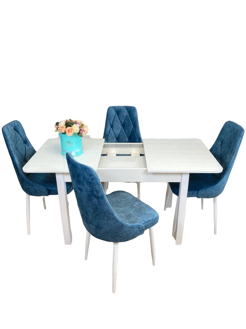 Обеденная группа стол и стулья для кухни NGVK Мега Белый стекло и 4 стула Кресло цвет Синий - фотография № 3