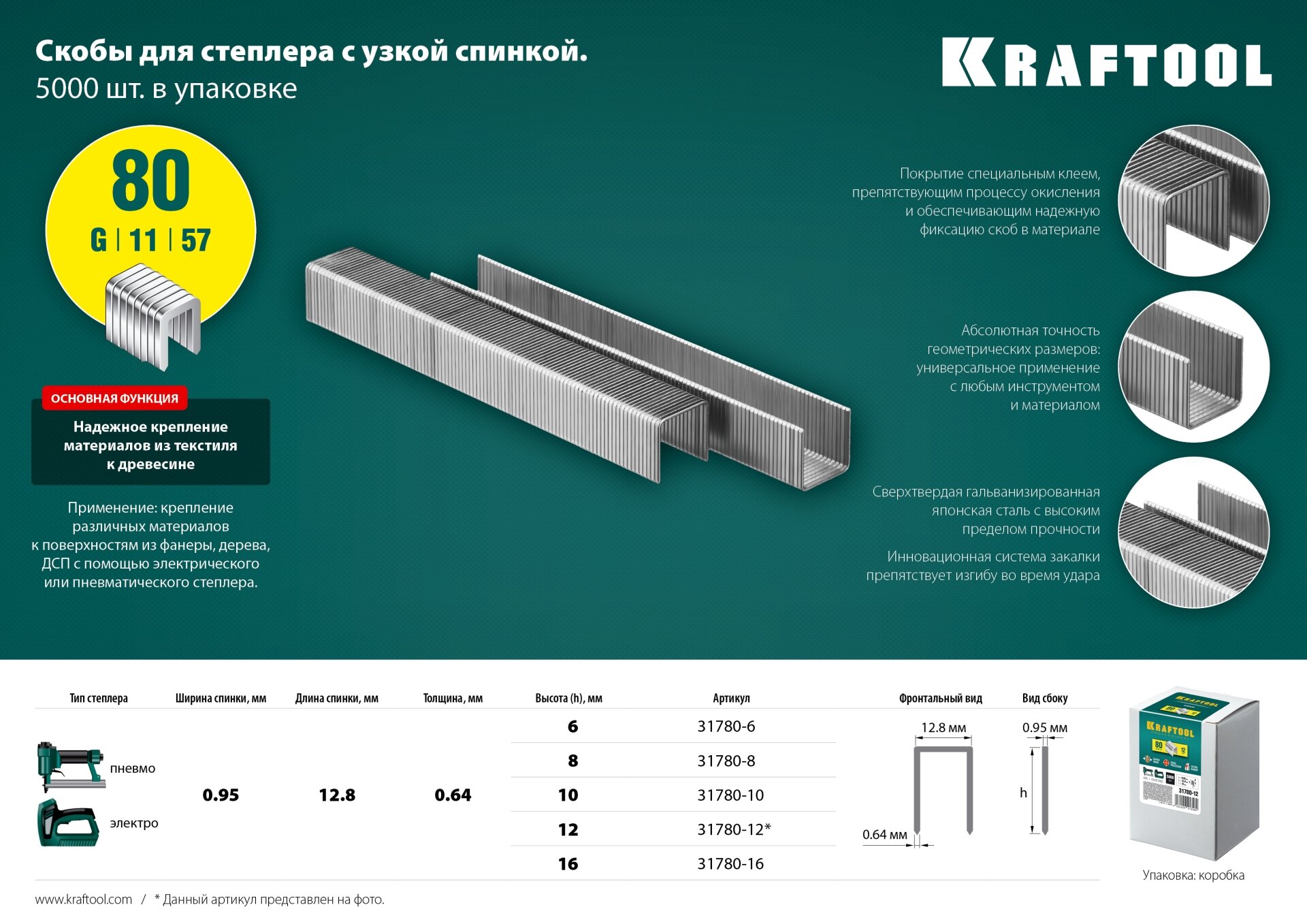 KRAFTOOL тип 80 12 мм, 5000 шт, Скобы для степлера (31780-12) - фотография № 3