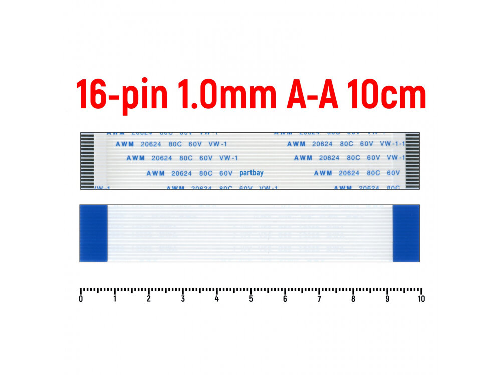 Шлейф FFC 16-pin Шаг 1.0mm Длина 10cm Прямой A-A AWM 20624 80C 60V VW-1