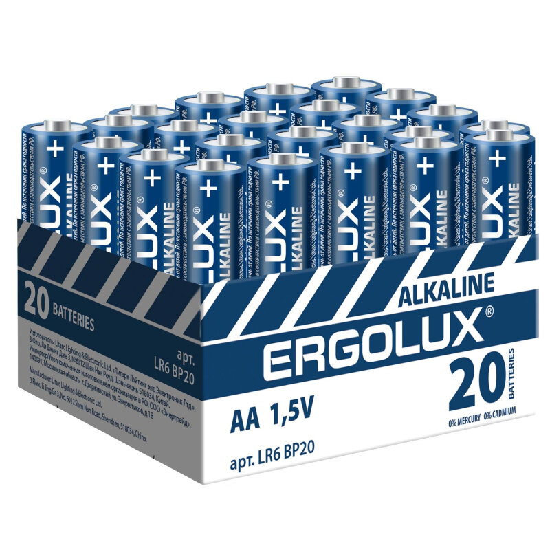 Батарейка Ergolux AA/LR 6 Alkaline BP-20 (LR 6 BP20, 1.5В)(20 шт в уп.)