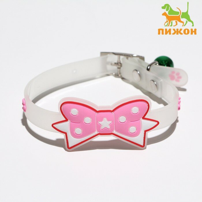 фото Ошейник "Бантик", 28 х 1 см, ОШ 18-24 см, прозрачный/розовый