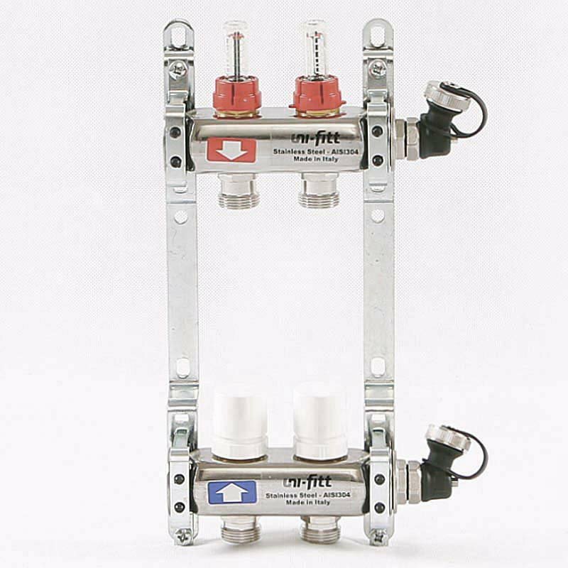 Коллекторная группа из нержавеющей стали с расходомерами и термостатическими вентилями, 6 бар 1" на 2 выхода Uni-Fitt (450I4302.R)