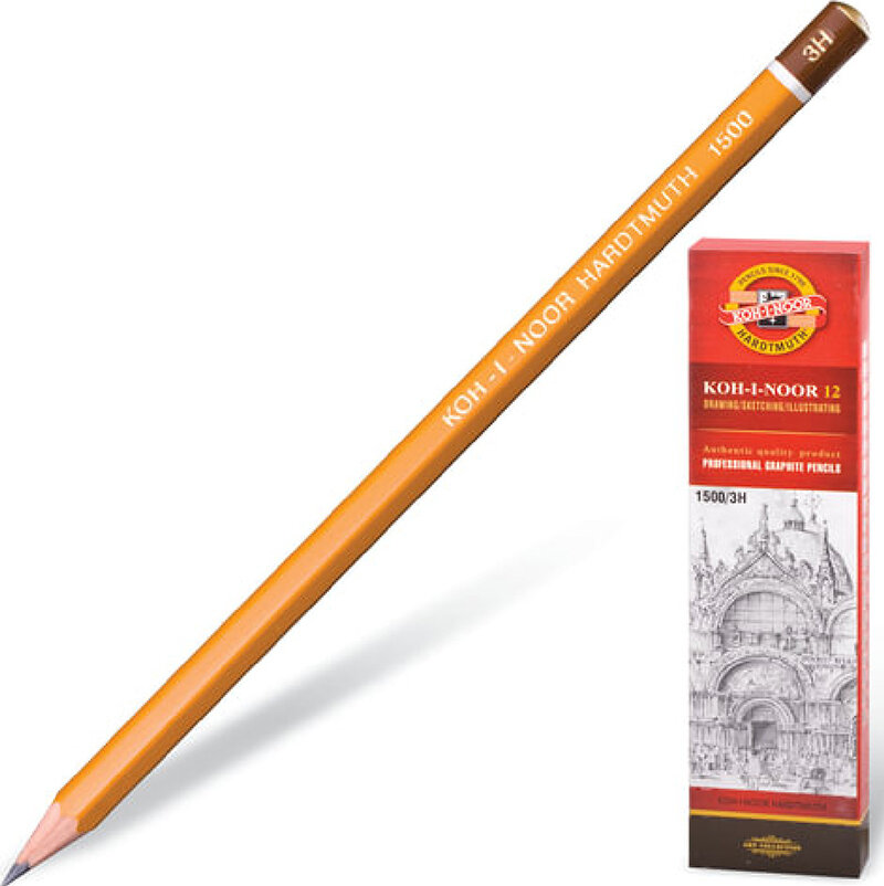 Набор карандашей Карандаш чернографитный KOH-I-NOOR 1500, 3H, без резинки, корпус желтый, заточенный, 150003H01170RU 4 штуки