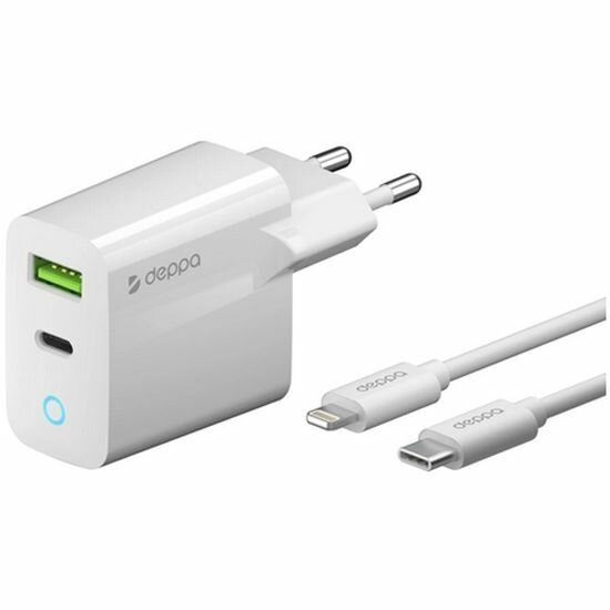 Сетевое зарядное устройство Deppa USB-C + USB A, PD 3.0, QC 3.0, 20W, дата-кабель USB-C - Lightning (MFI), 1.2м, белый.