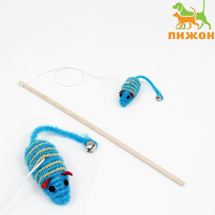 Дразнилка-удочка с блестящей мышью на деревянной ручке, синяя - фотография № 1