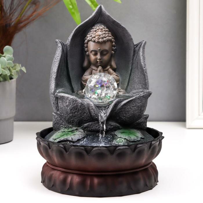 фото Фонтан настольный от сети, подсветка "Маленький будда в лотосе" серый мрамор 30х20,5х20,5 см