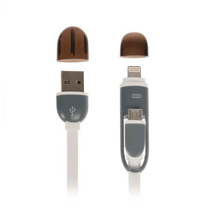 фото Кабель ТероПром 4283686 2 в 1 LuazON, microUSB/Lightning - USB, 1 А, 0.9 м, плоский, белый