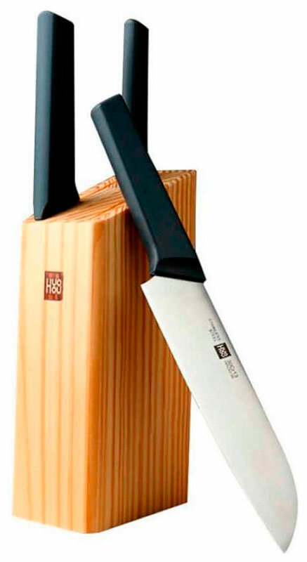 Набор стальных ножей (3 ножа деревянная подставка из сосны) Huo Hou 4-Piece Kitchen Knife Set Lite (HU0059) черный