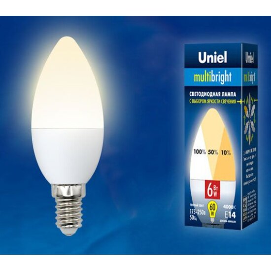 Светодиодная лампа UNIEL LED-C37-6W/WW/E14/FR/MB PLM11WH Форма «свеча», матовая. Серия Multibright. Теплый белый свет (3000K). 100-50-10. Картон. ТМ .