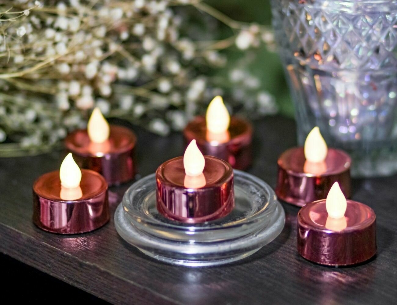 фото Набор светодиодных чайных свечей сэйори, красные, 4 см, 6 шт., Kaemingk