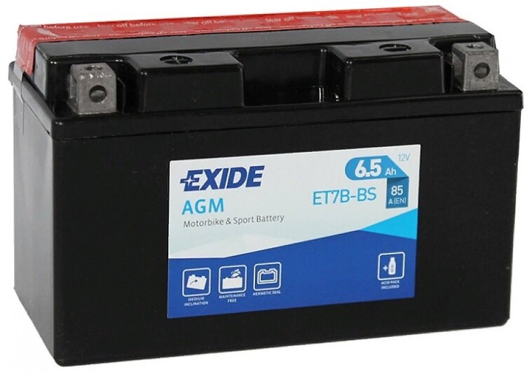 Аккумулятор для мотоцикла и скутера Exide AGM 6.5 А/ч 85 А прям. пол. с/зар. с эл. ET7B-BS (150х65х93) YT7B-BS