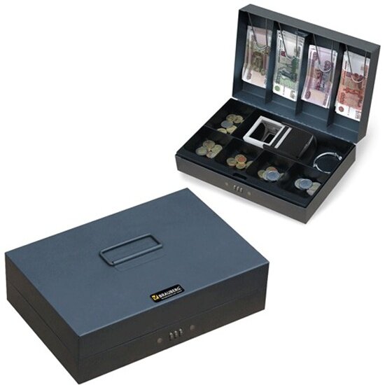 Ящик для денег, ценностей, документов, печатей BRAUBERG 80х195х290 мм, кодовый замок, темно-серый "металлик"