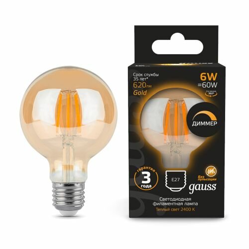 Светодиодная лампа GAUSS Filament G95 6W 620lm 2400К Е27 golden диммируемая LED 1/20