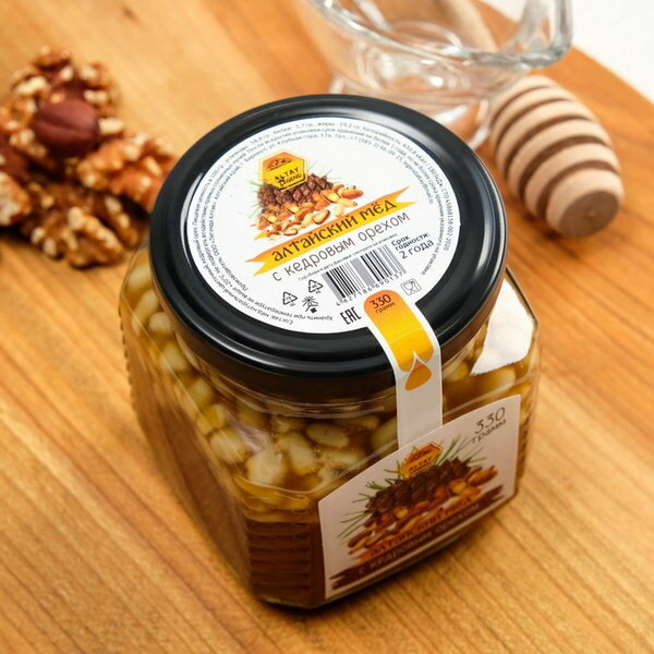 Мёд Алтайский натуральный цветочный, с кедровым орехом, 330 г - фотография № 1